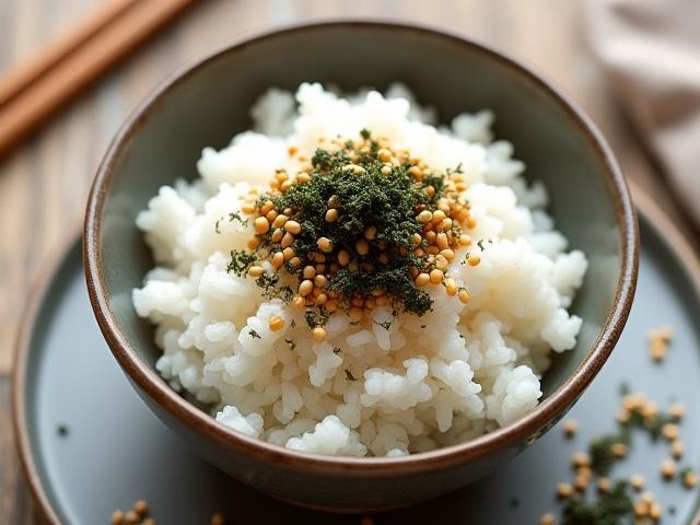 白米の上に彩り豊かに振りかけられた昆虫由来のふりかけ。海苔やゴマと共に
