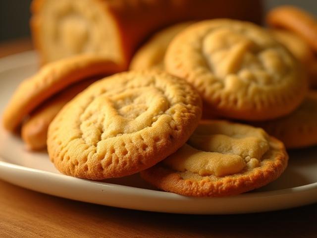 昆虫パウダーを練り込んだ香ばしいパンやクッキーのクローズアップ。金色に焼けた表面と豊かな質感。